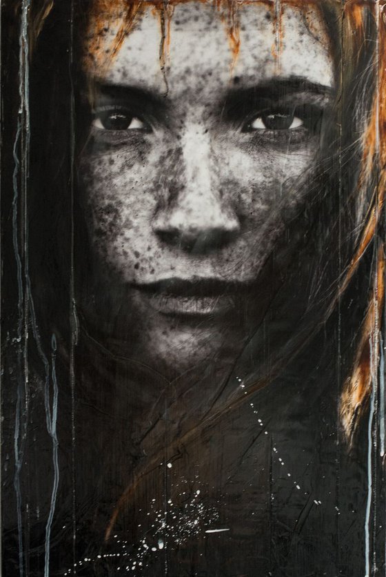 "Eline" (60x40x2,5cm) - Unique portrait artwork on wood (abstract, portrait, copper, original, epoxy, painting)