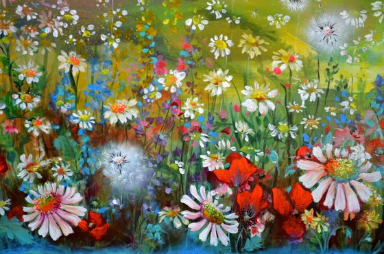 Wild Flowers Landscape - Huge Painting - Poppies and Daisies Large Floral Painting, Ready to Hang