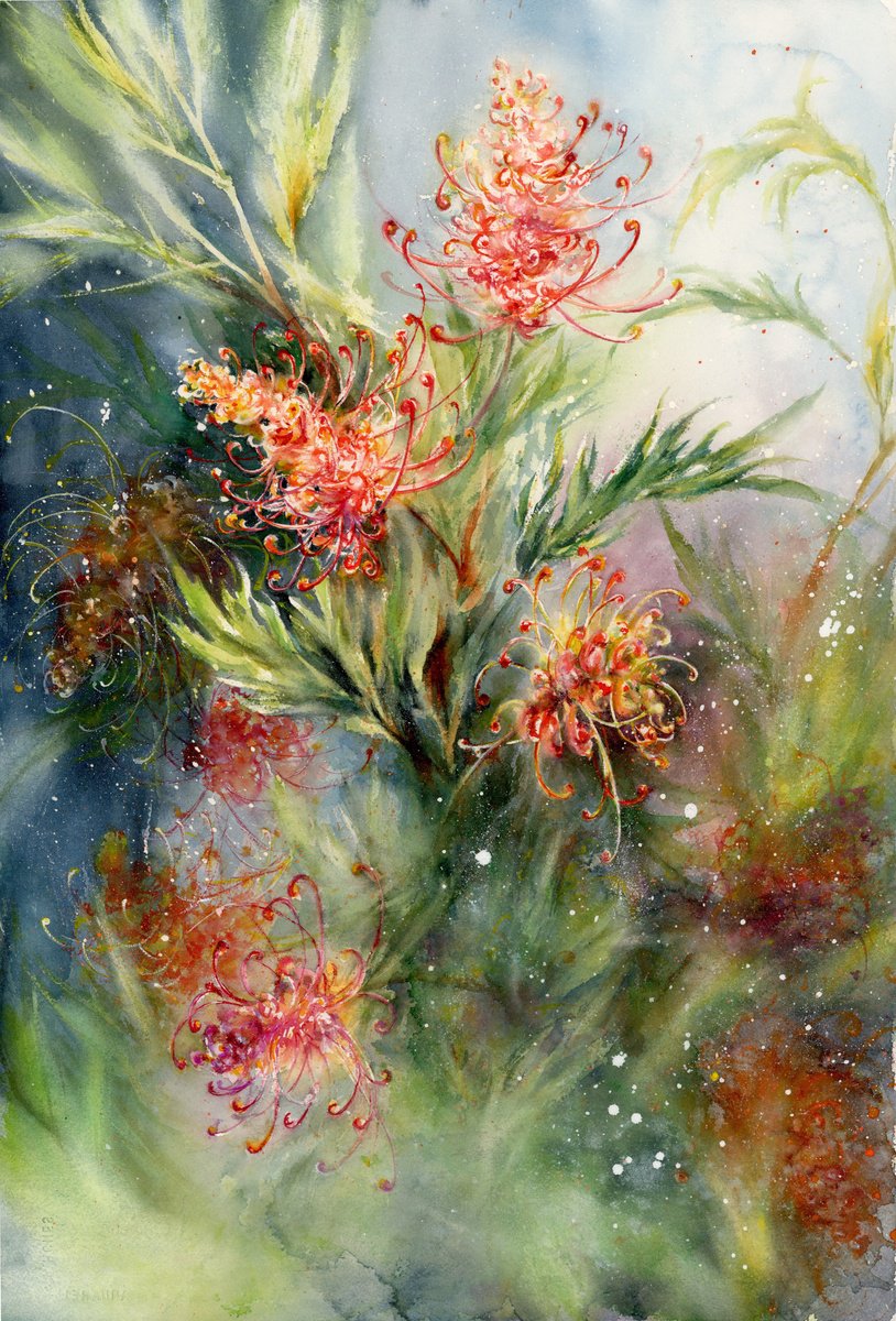 Expressive Botanical Watercolour By Cecilia Xiao, 15 X 22, Grevilleas, Original Artwork