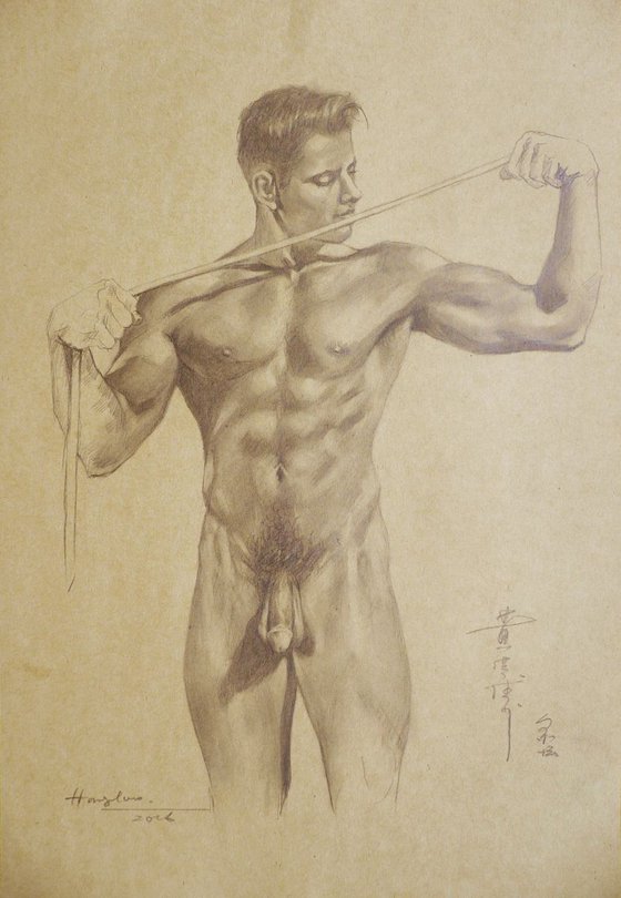 DRAWING PENCIL MALE NUDE ON BROWN PAPER#16-6-8-01