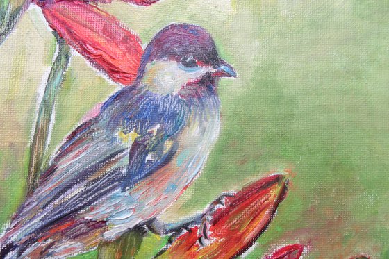 Robin Bird Painting on Canvas,Original 8x8 in Oil,Bird Art,Lily Red Blossom,Garden Miniature,Mother's Day Gift,Small Unframed Bird Picture
