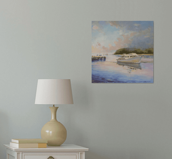 Dawn over the bay, original, one-of-a-kind acrylic on canvas seascape