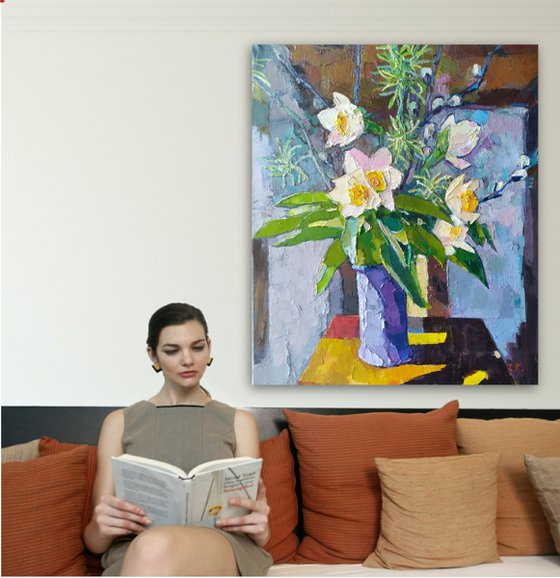 STILL LIFE WITH DAFFODILS AND PUSSY WILLOW . LARGE