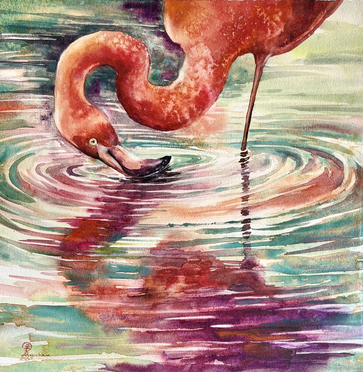 Impressionistic Animal Watercolour By Larissa Rogacheva, 16 X 16", Flamingo#6, Original Artwork