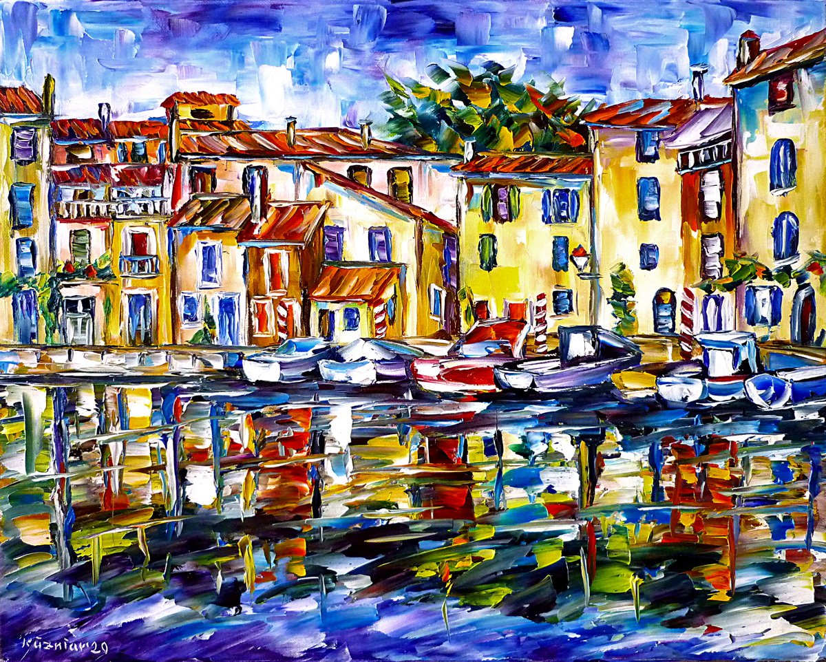 Expressive Cityscapes Oil Painting By Mirek Kuzniar, 20 X 16", Martigues, Original Artwork