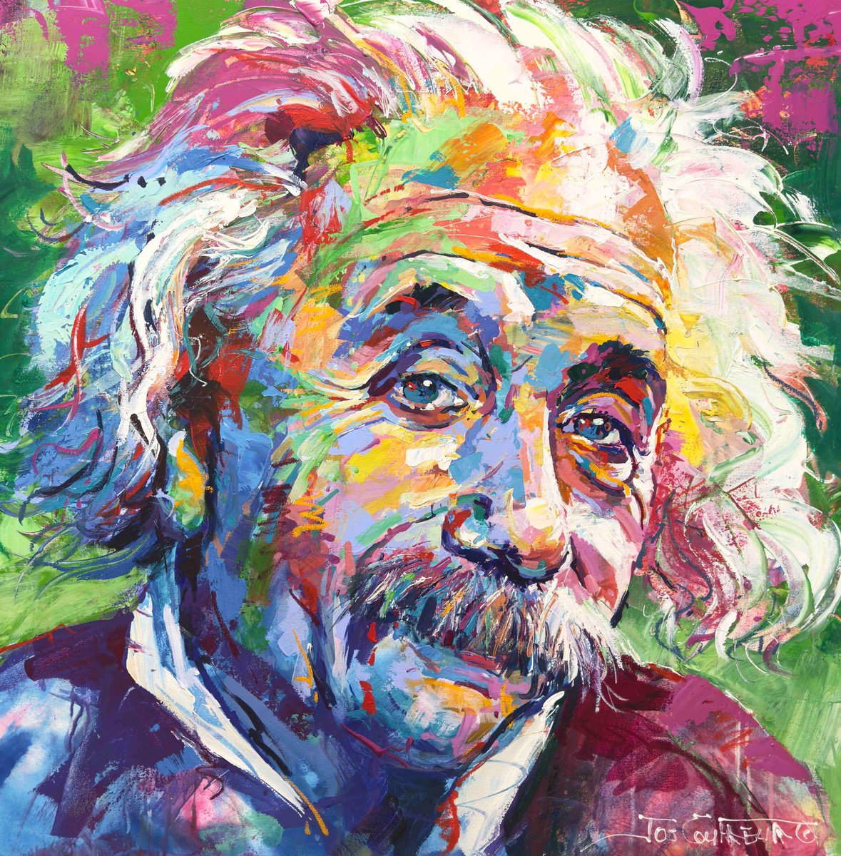 Urban And Pop Portrait Acrylic Painting By Jos Coufreur, 39 X 39, Albert Einstein 11, Original Artwork