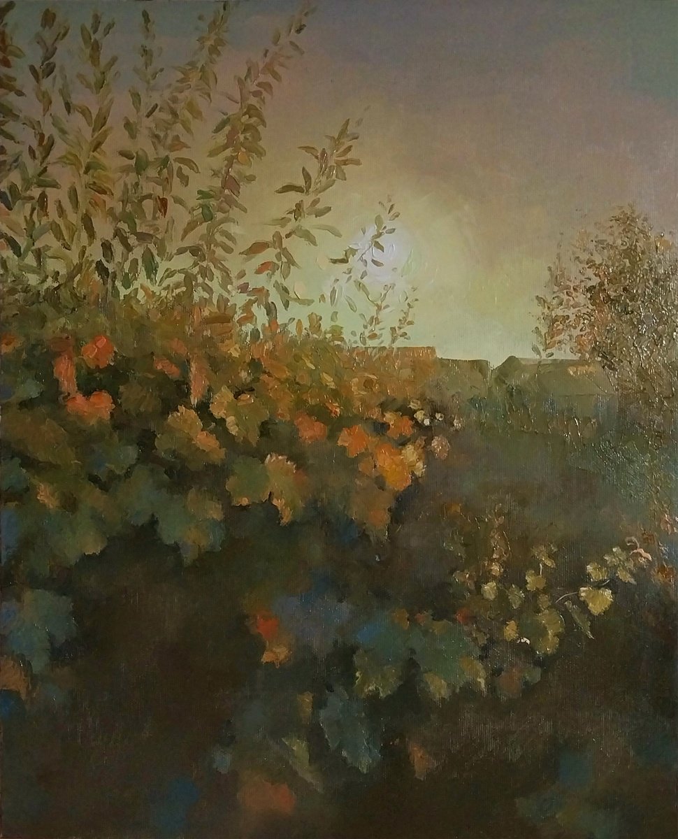 Impressionistic Landscape Oil Painting By Kamsar Ohanyan, 16 X 20", Beneath The Fading Sun, Original Artwork