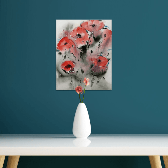 Red poppy painting. Wildflowers