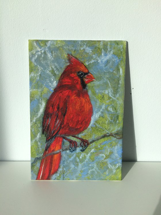 Bird oil painting - Red cardinal small canvas in frame - Christmas gift idea for bird lover