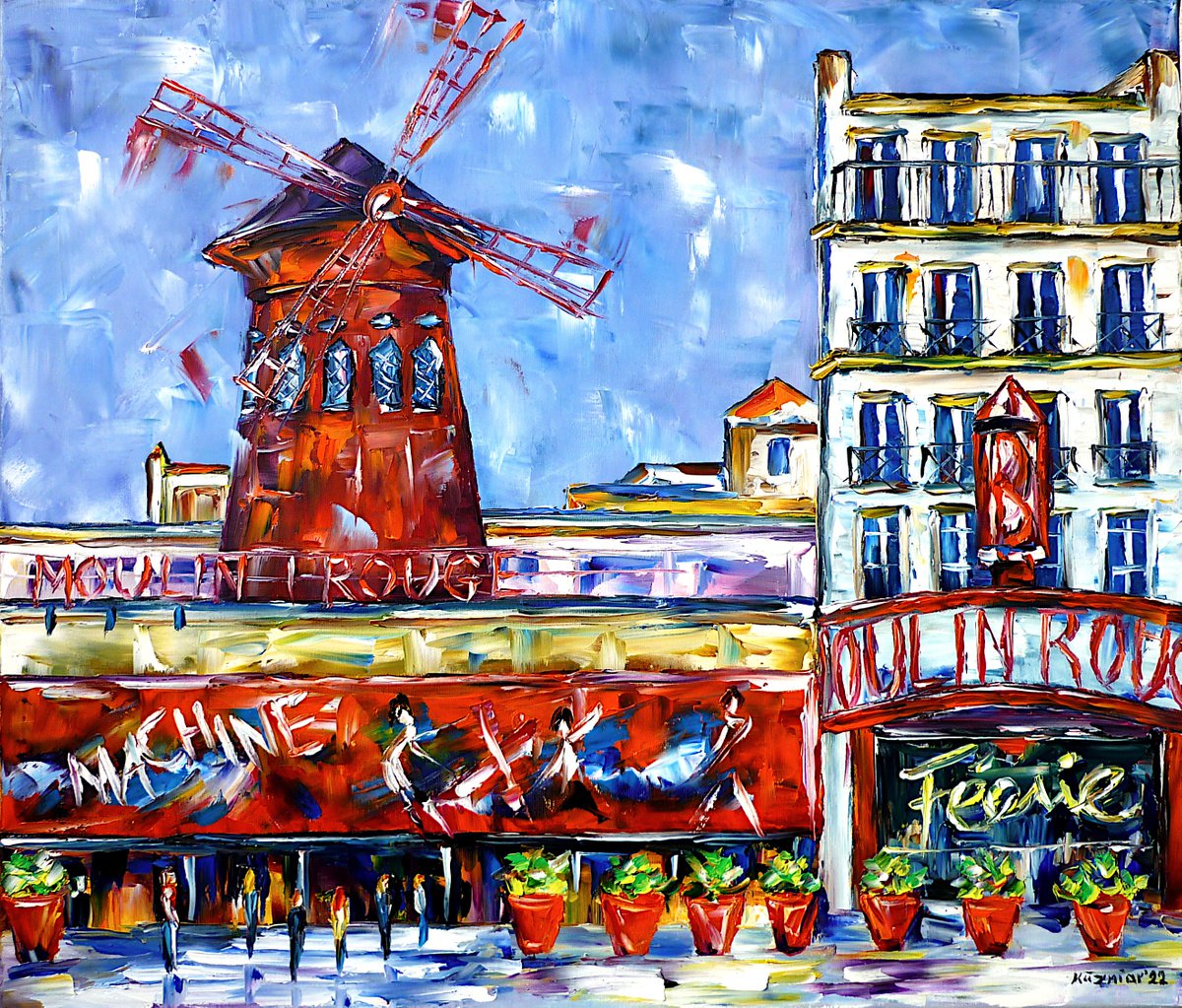 Expressive Cityscapes Oil Painting By Mirek Kuzniar, 28 X 24", Moulin Rouge, Original Artwork