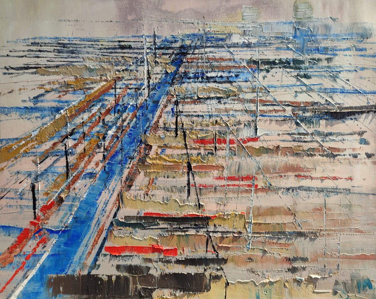 Abstract oil painting City lines 7. Size 15,7/19,7 inches, 40/50cm, stretched by Kariko ono