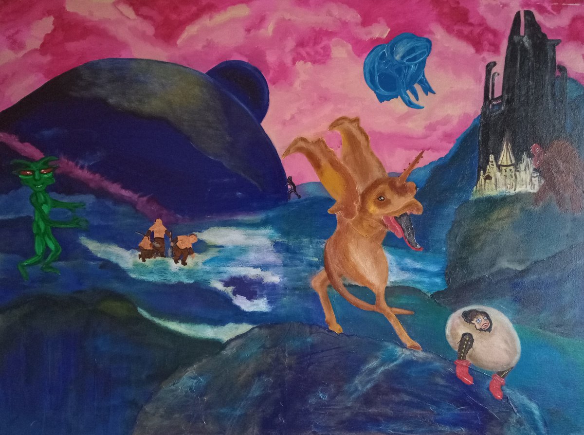 Surrealistic Landscape Oil Painting By Corinne Hamer, 32 X 24, Monsters In The Mountains, Original Artwork