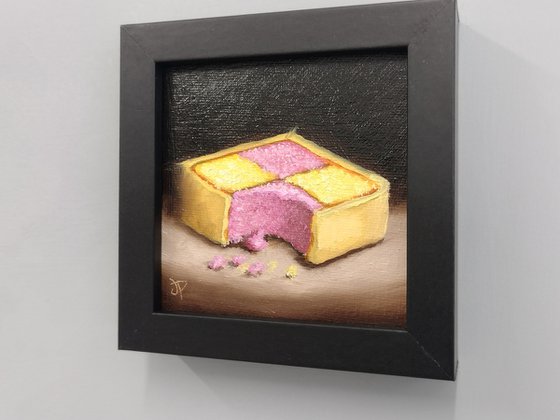 Little Battenberg cake slice still life