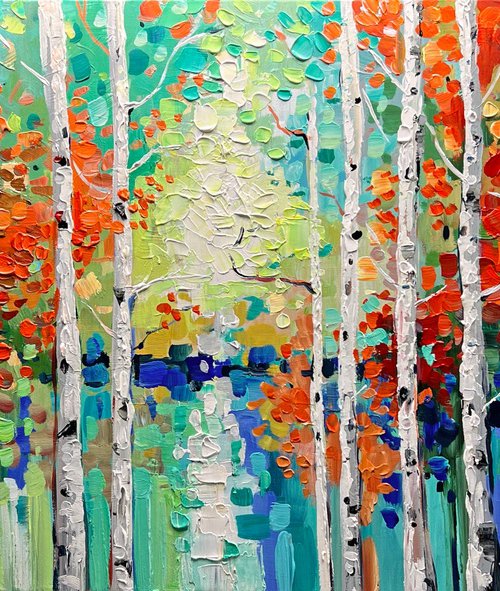 Woodlands Magic - Original Abstract Tree Painting, Colorful Trees Painting, Large Original Nature Landscape Modern Texture Painting Boho Wall Art Living Room Decor - Size: 48 x 24 inches (120 x 60 cm) by Lana Guise