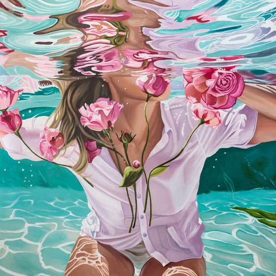 Under water with pink flowers