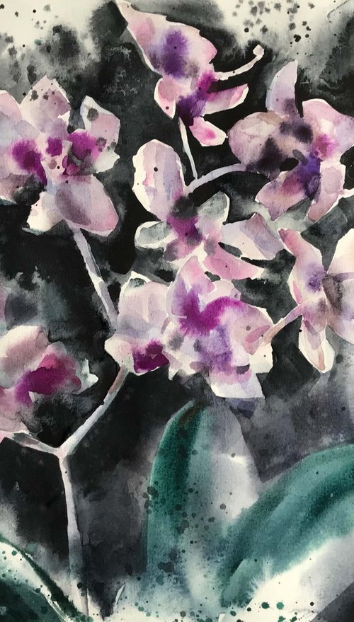 Lilac butterflies. Orchid. one of a kind, original painting. by Galina Poloz