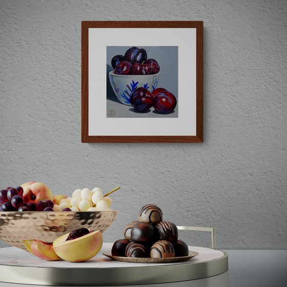 Plums In Blue And White Bowl