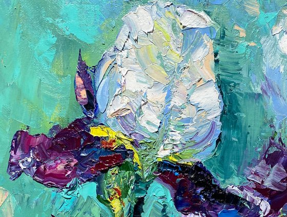 Iris - A pleasure of light, 35*45cm, impressionistic flowers oil painting in violet and turquoise