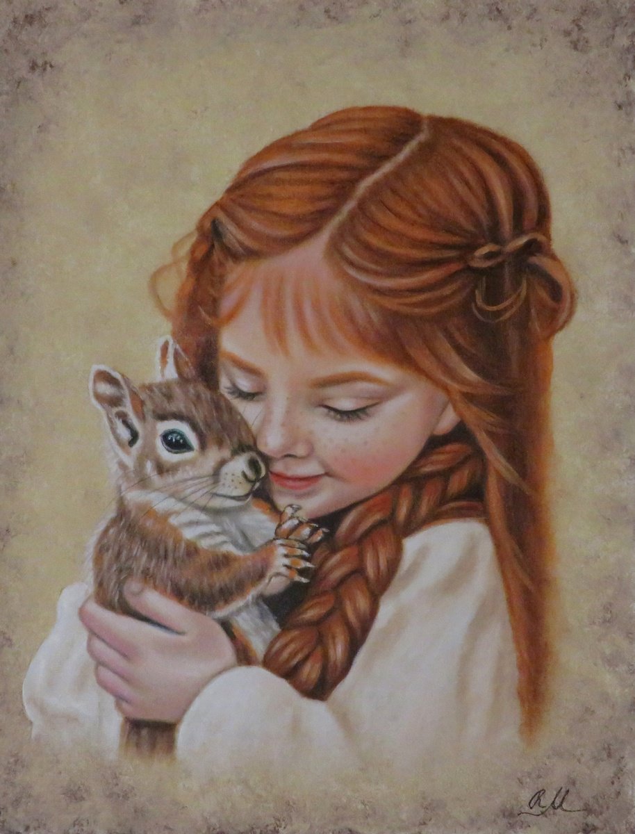 Expressive Portrait Oil Painting By Monika Rembowska, 12 X 16", "Little Girl With Squirrel", Original Artwork