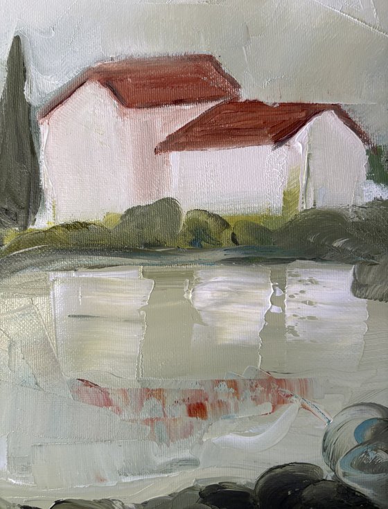 Toscana hills white houses with lake.