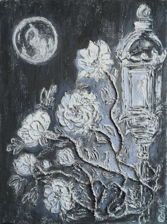 Moon. Lantern. White Roses.