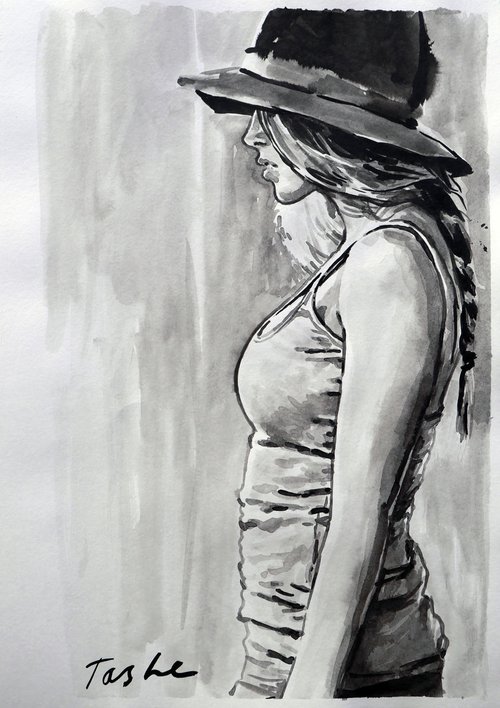 "Girl in a hat " /30X42cm by Tashe