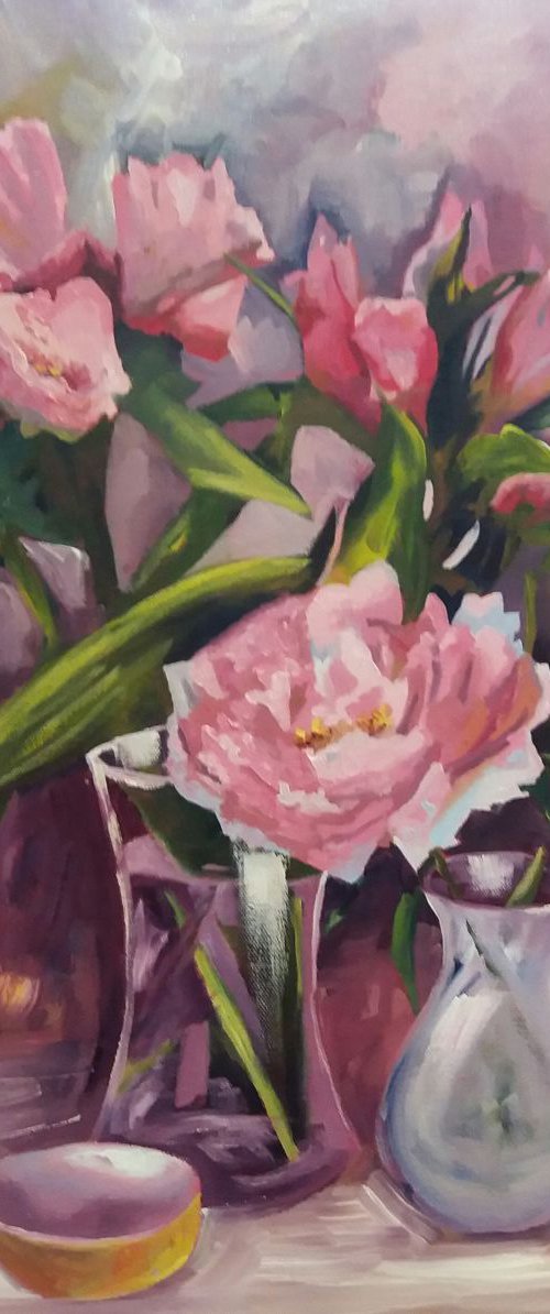 Peonies & Inca Lilies (Square floral painting) by Marjory Sime