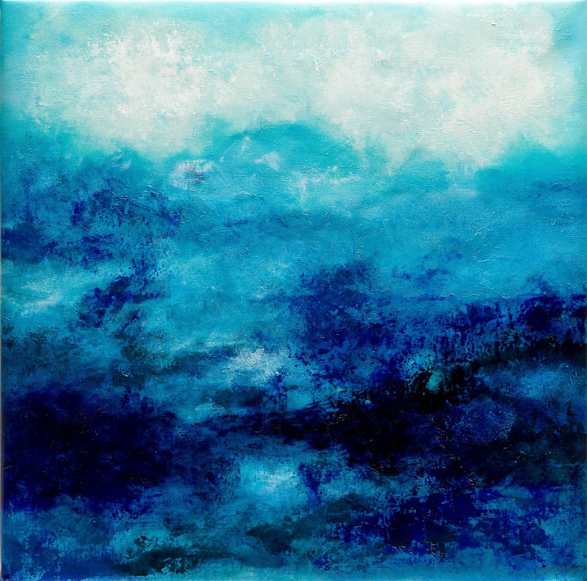 Abstract Oil Painting By Fabienne Monestier, 24 X 24, Blue Water Seascape N°2, Original Artwork