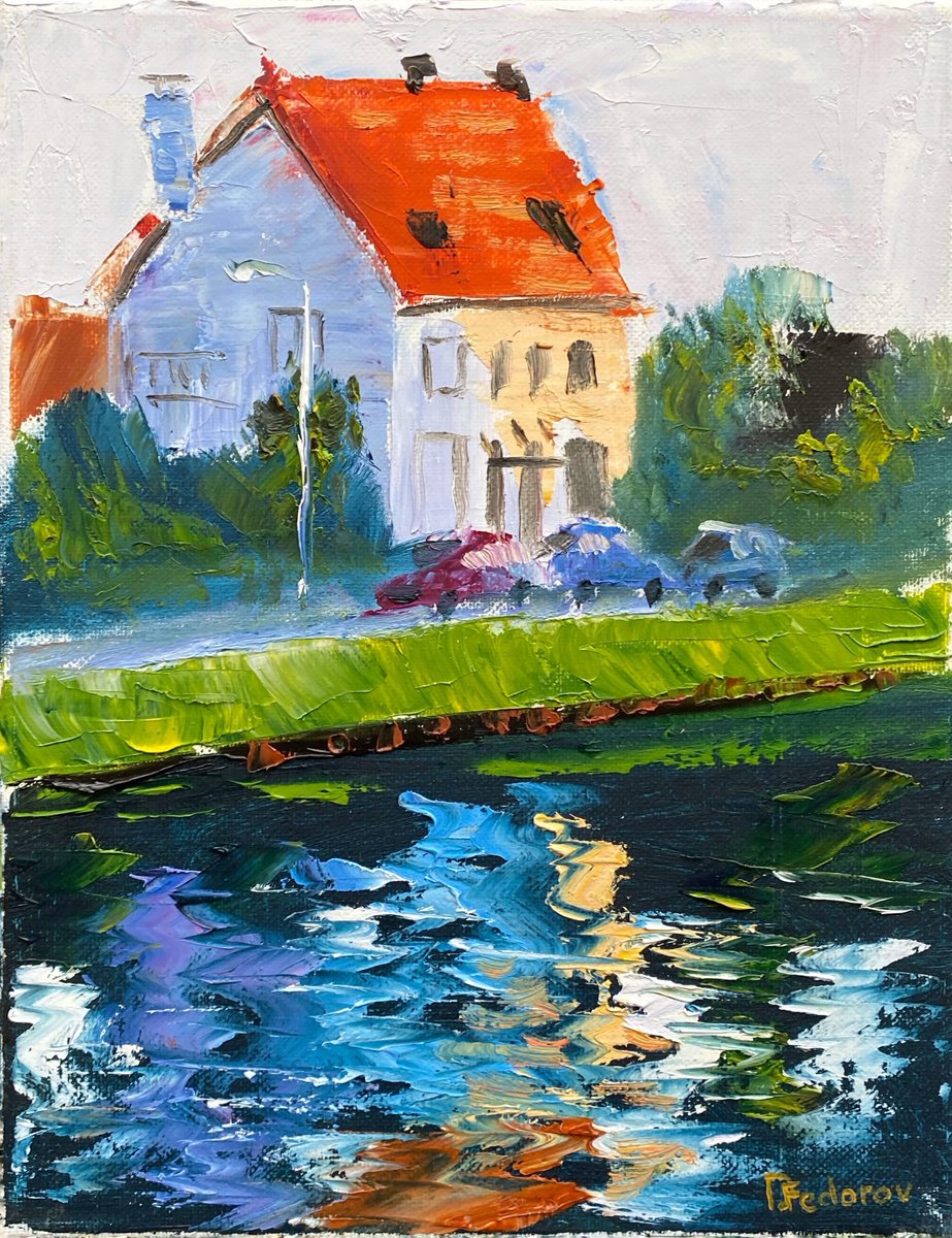 Impressionistic Landscape Oil Painting By Dmitry Fedorov, 10 X 12, Sunset At The Orange Roof, Original Artwork