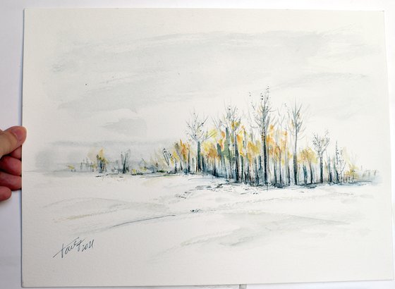 Winter calmness - original watercolor and ink painting
