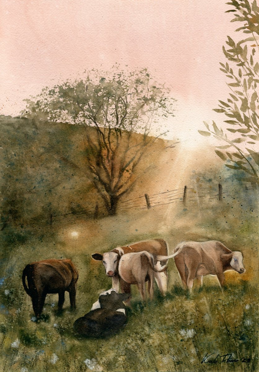 Impressionistic Landscape Watercolour By Tetiana Koda, 12 X 17", Cows In The Summer Evening, Original Artwork