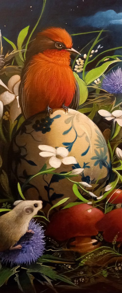 Red bird among wild flowers . by Valentina Toma' aka Zoe Chigi