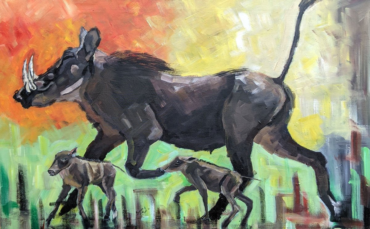 Impressionistic Animal Acrylic Painting By Bugingo Noah, 32 X 20, Mothers Will Always Be Mothers 3, Original Artwork