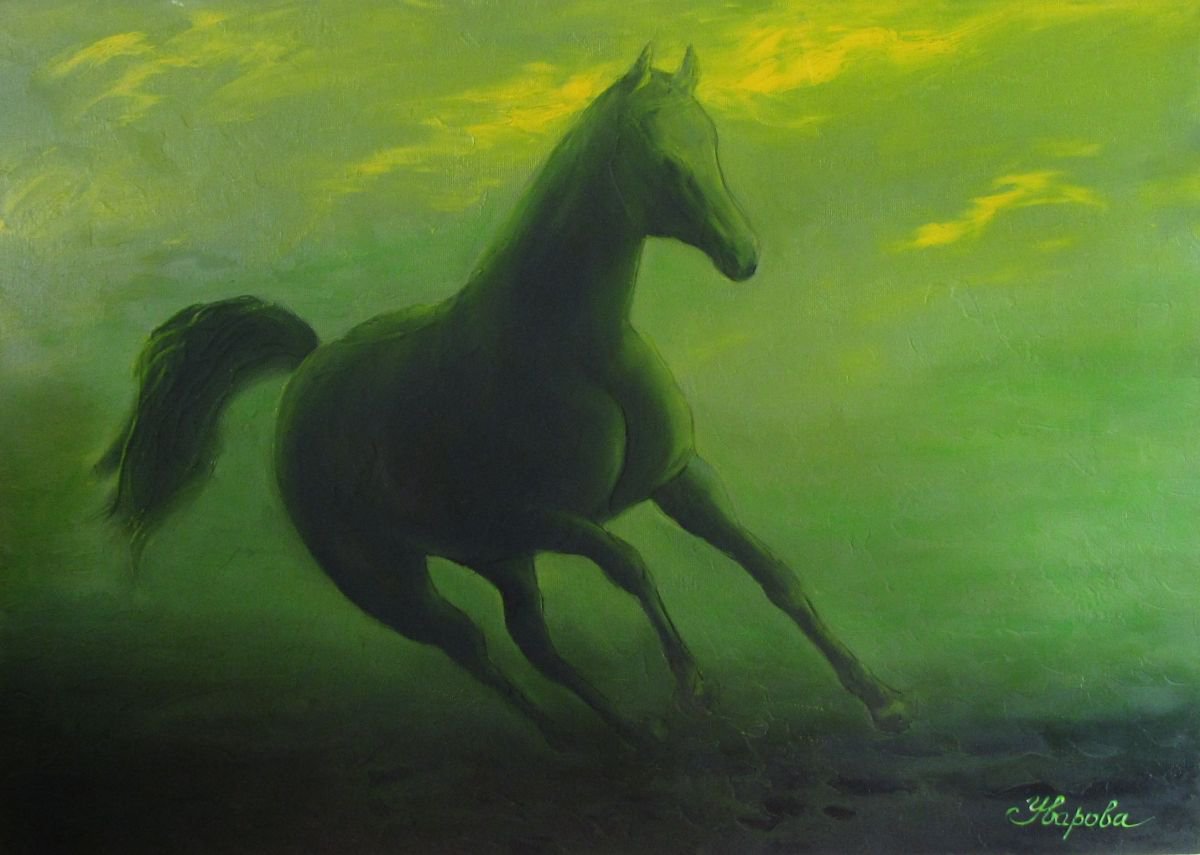 Green horse, 70x50 cm, original artwork, FREE SHIPPING by Larissa Uvarova
