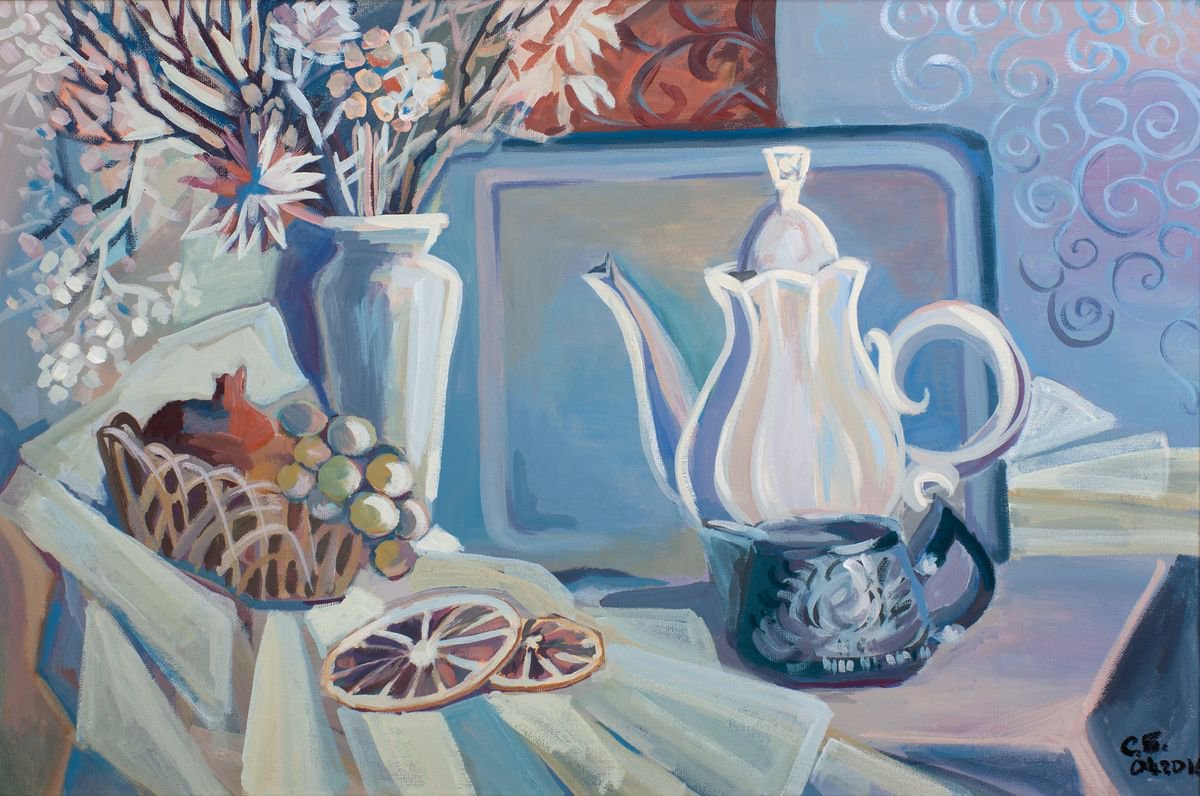 Blue still life with white teapot by Alexandra Batyaeva