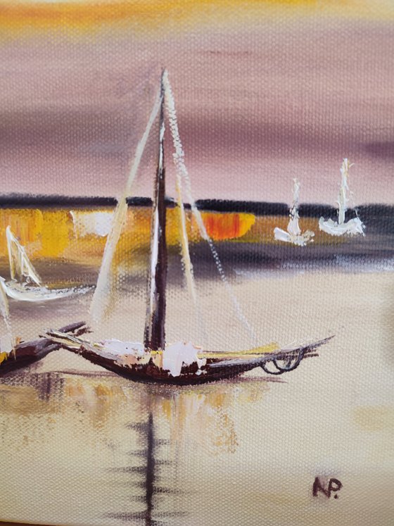Boats at the sunset, original impressionistic oil painting, gift idea