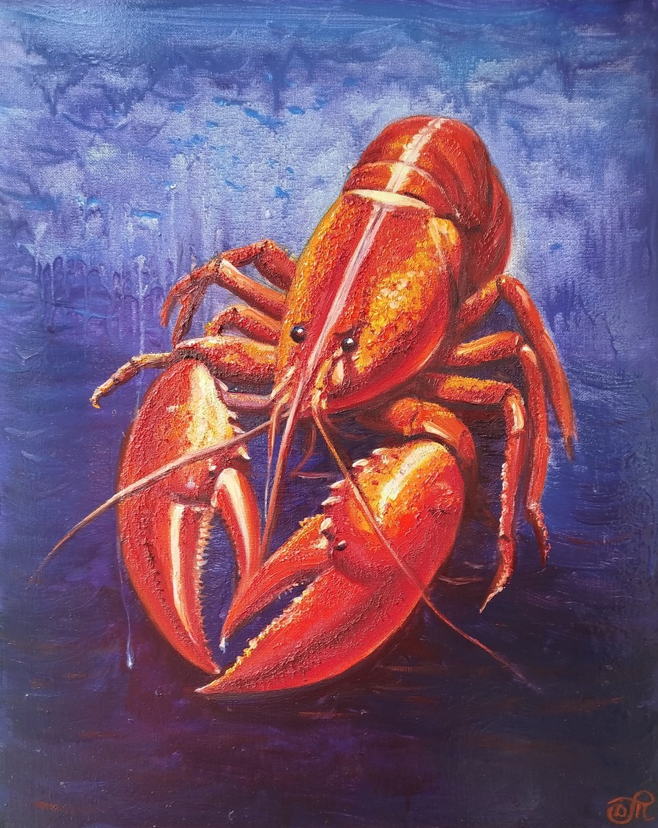 Impressionistic Animal Oil Painting By Dmitrij Tikhov, 16 X 20, Luxury Lobster, Original Artwork
