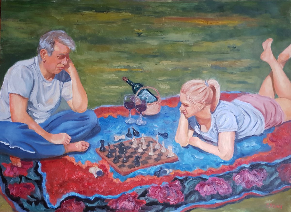 Expressive Portrait Oil Painting By Svetlana Grishkovec-Kiisky, 51 X 37", The Players, Original Artwork