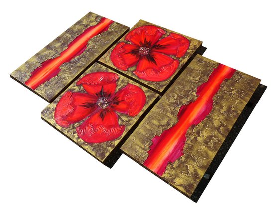 textured gold paintings A049 red Poppies decor original abstract art big ready to hang painting acrylic on stretched canvas metallic textured glossy wall art