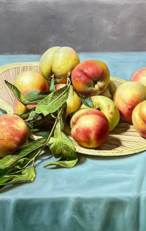 Still life:peaches on the cattail leaf fan c117 by Kunlong Wang