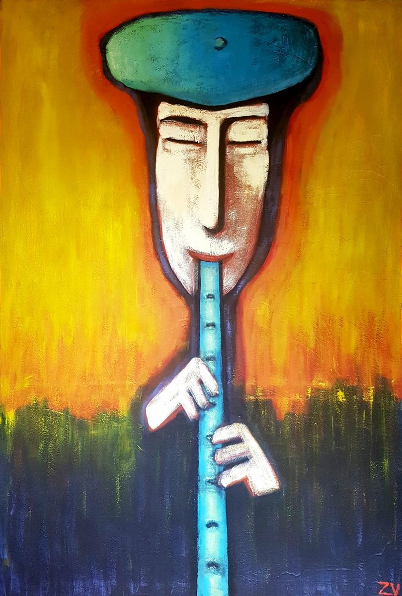 Surrealistic Portrait Acrylic Painting By Zhana Viel, 41 X 61", Geel Pipe, Original Artwork