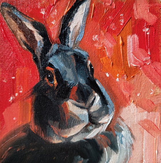 Rabbit art painting original, black red Rabbit picture framed for nursery 4x4, Rabbit Lover Gift for her mom