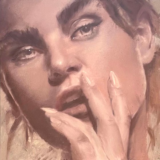 Sexy seductive female portrait blonde woman hands staring lips portraiture oil on canvas painting