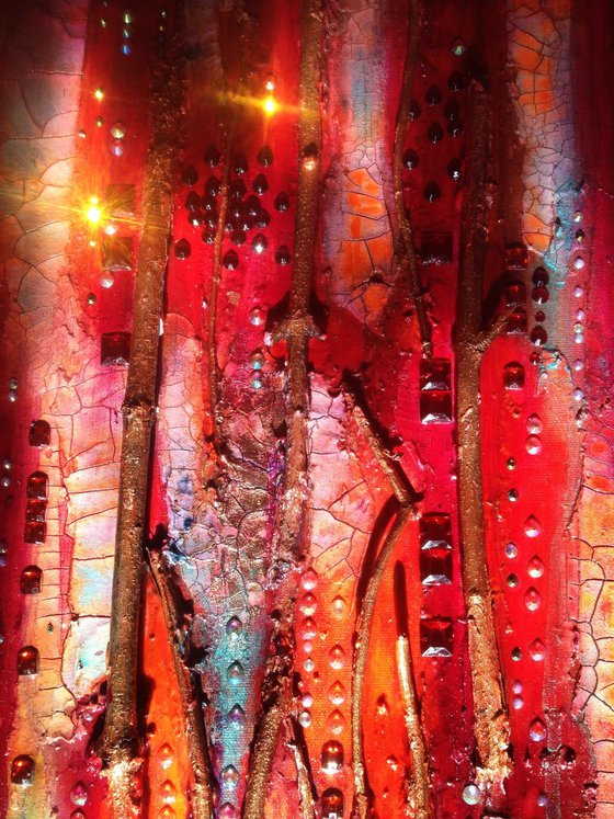Texture Abstract Painting The Golden Gate, Red and Gold, crackles, big canvas, Sparkles, vertical canvas, twig, Mixed media, glass wall.