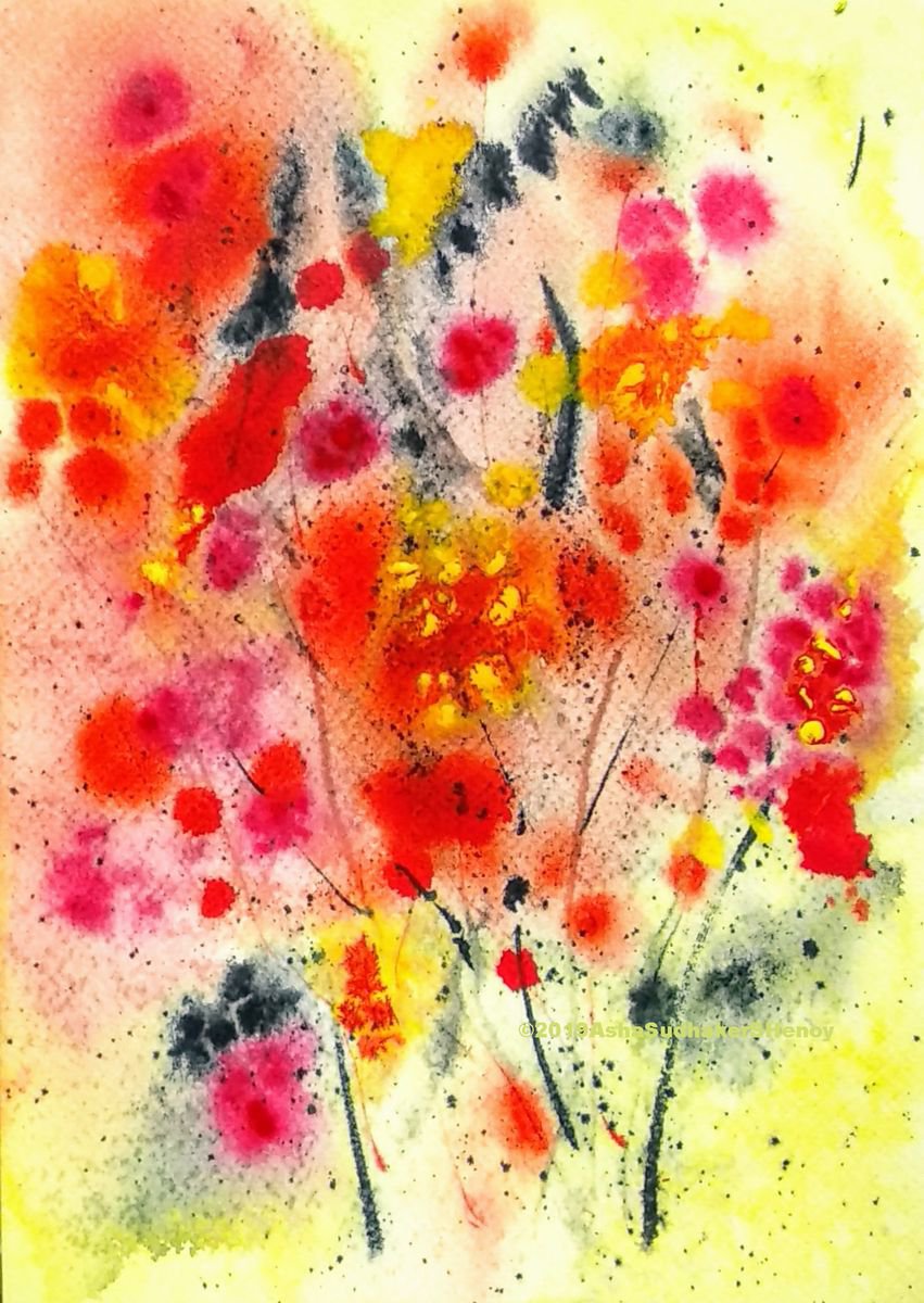 Red Poppy Abstract floral liGHt painting Acrylic Inks 10x 7 Gift for her by Asha Shenoy