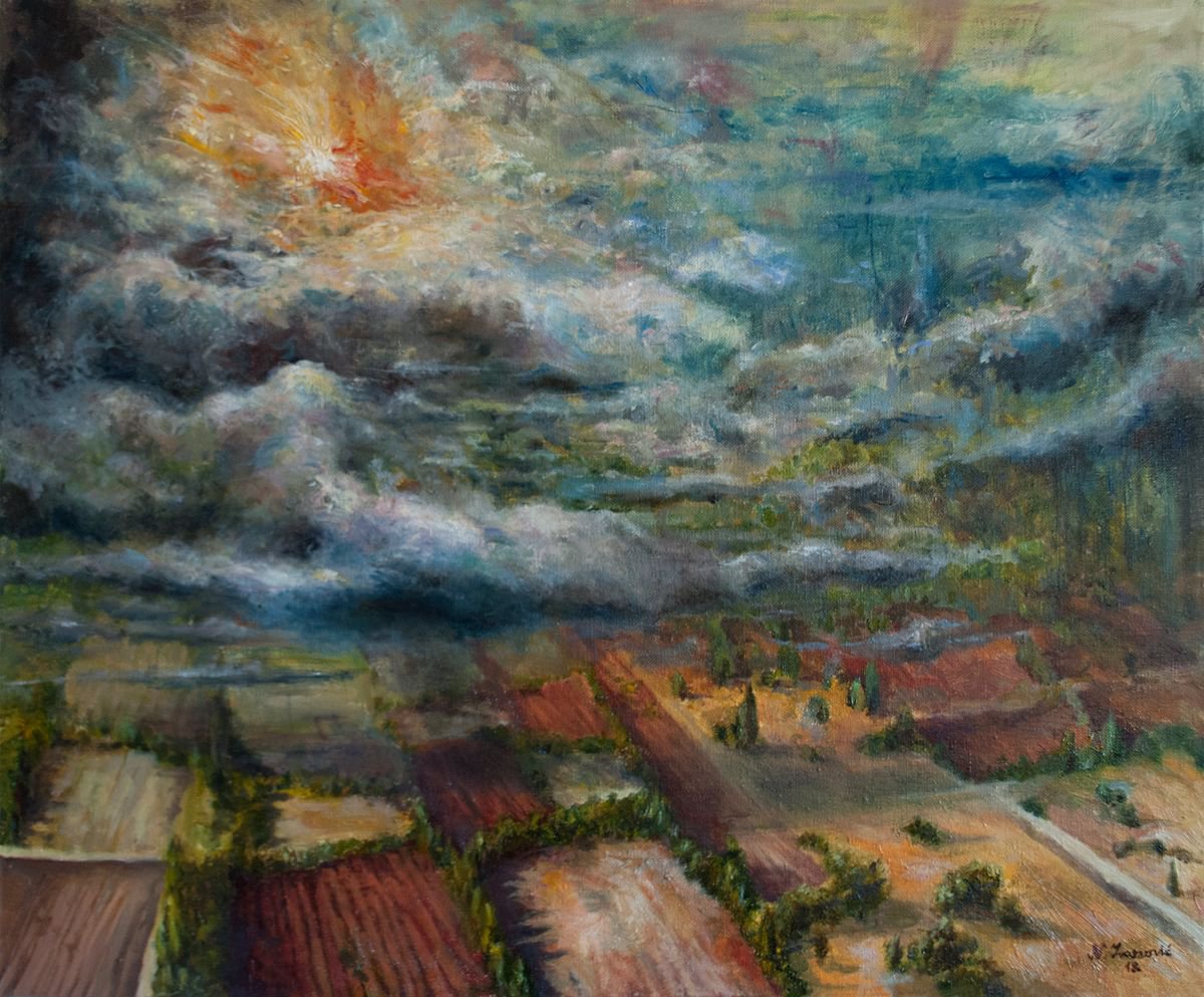 Abstract Landscape Oil Painting By Nikola Ivanovic, 24 X 20", Pastoral Landscape No Iv, Original Artwork