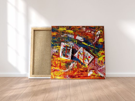 Original Colorful Abstract Painting with Playing Cards.