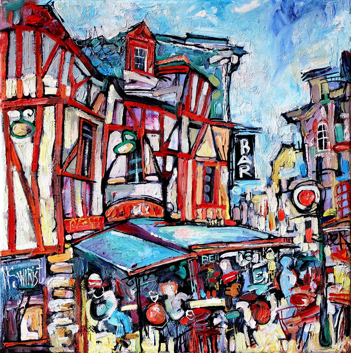 Impressionistic Cityscapes Oil Painting By Nikifor Swiristuhin, 18 X 18", Afternoon Cafe. Vannes., Original Artwork