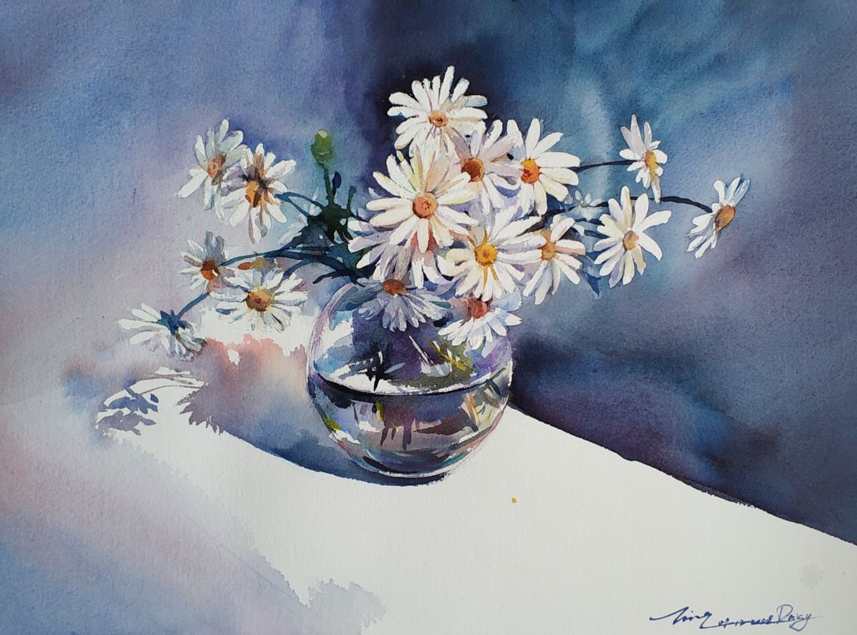 Impressionistic Botanical Watercolour By Jing Chen, 21 X 15, Daisies 2, Original Artwork