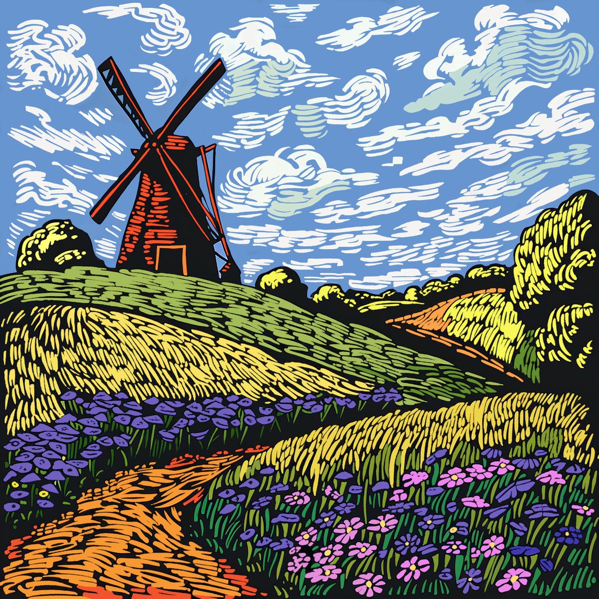 Impressionistic Landscape Acrylic Painting By Kosta Morr, 31 X 31", Windmill And Flowers, Original Artwork